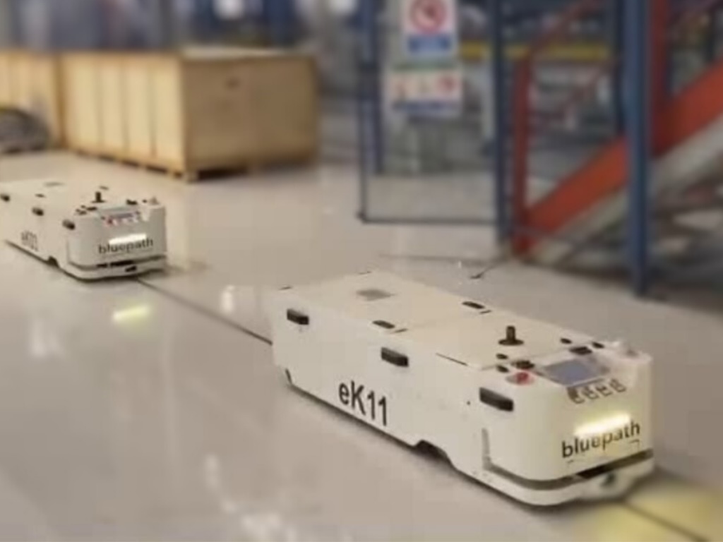 AGV robots increasing productivity in an automative facility.